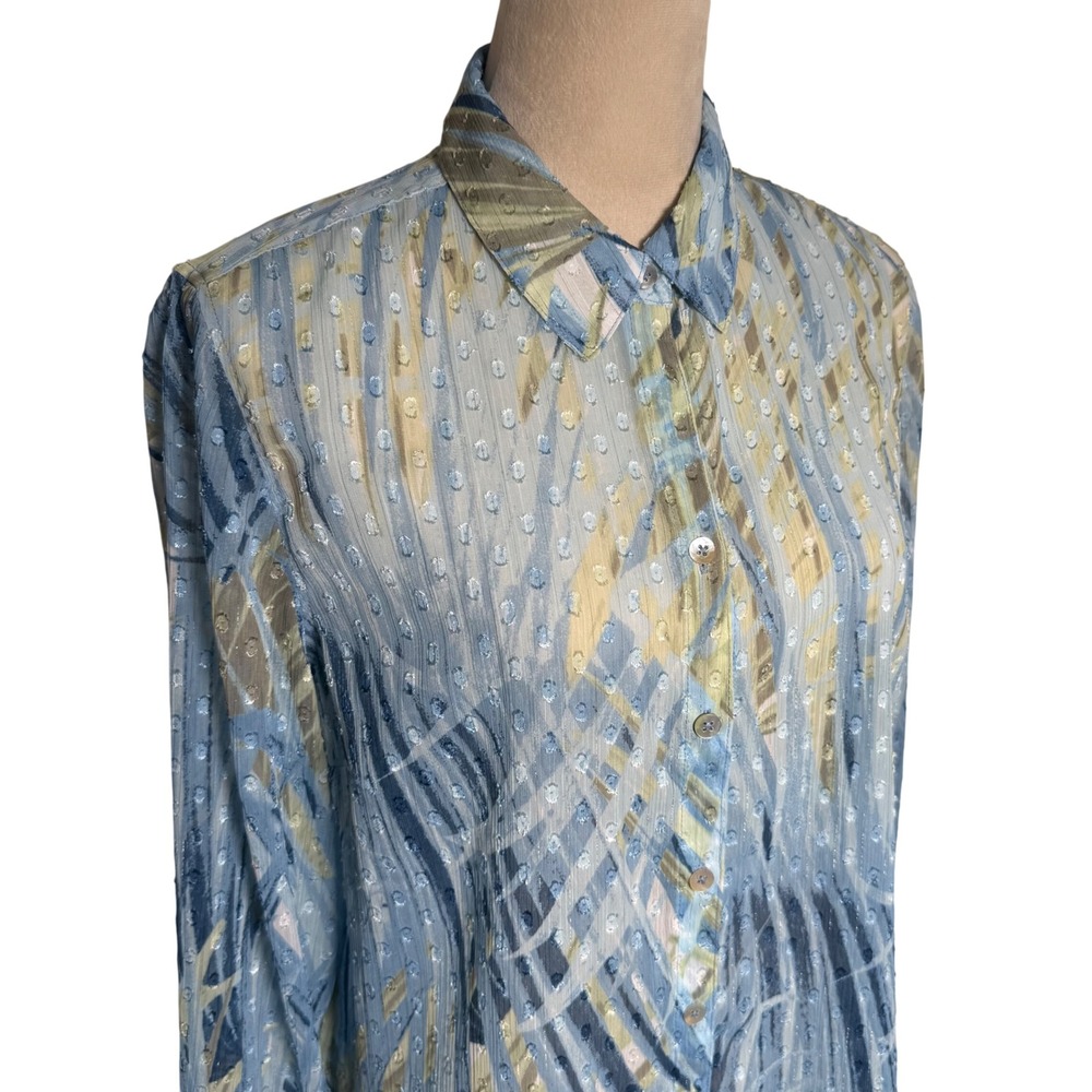Chico's Abstract Palm Print Clip Dot Metallic Blouse Blue Green Size 1 Medium - Picture 4 of 12